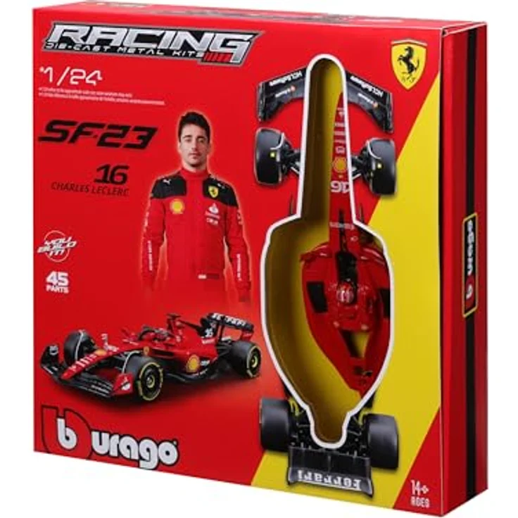 Bburago Formel 1 KIT Ferrari SF23 (2023), Modellauto Bausatz 1:24, 45-teilig, Fahrer #16 Charles Leclerc, 27cm, schwarz-rot – Bild 4