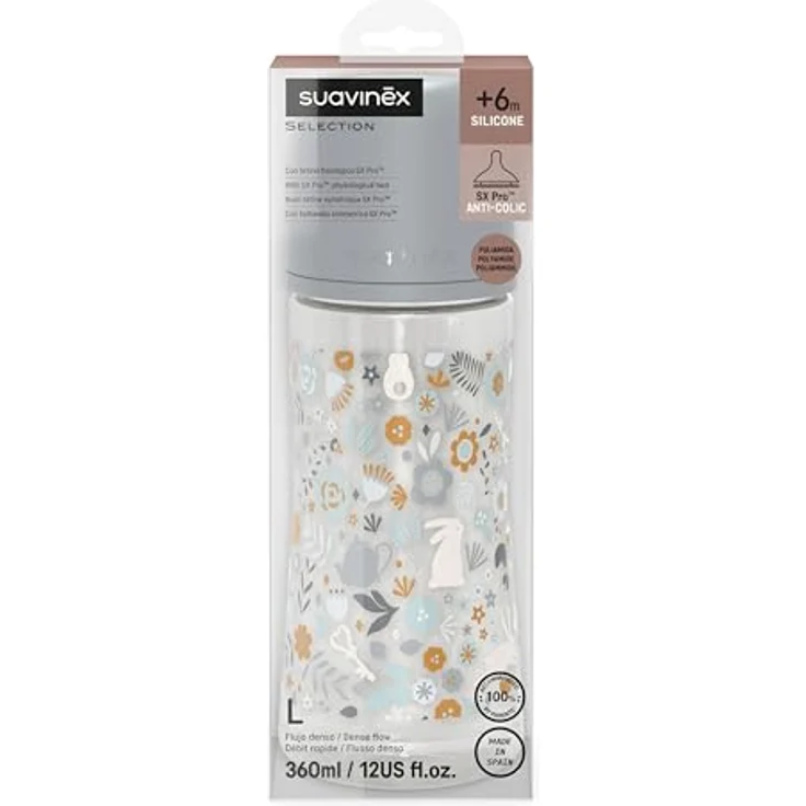 Suavinex Babyflasche 360 ml, mit physiologischem SX Pro Silikon-Sauger und Antikolik-Ventil, für Babys ab 6 Monaten, dickflüssiger Fluss-Sauger (L), Wonderland Blumen, Blau – Bild 3