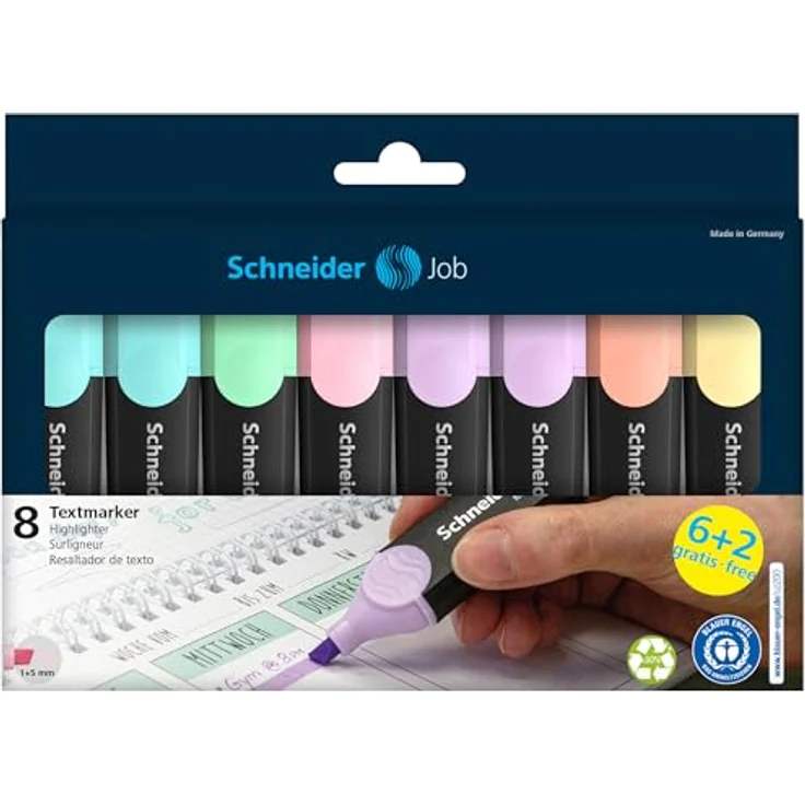 Schneider Job 150 Pastell Textmarker (aus recyceltem Kunststoff, ausgezeichnet mit Der blaue Engel) 8er Etui sortiert, trendige Pastell-Farben, türkis, mint, flieder, rosé, pfirsich, vanille – Bild 2