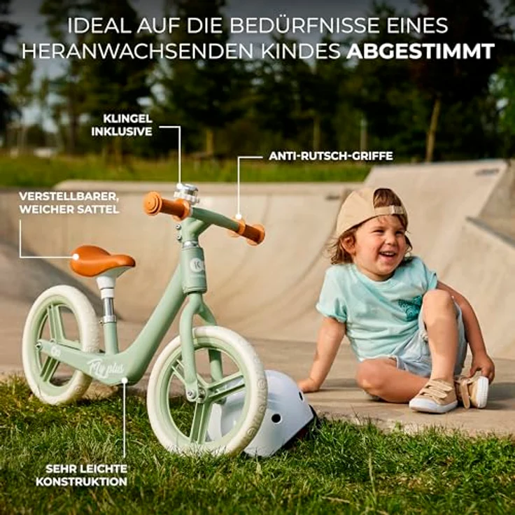 Kinderkraft Laufrad FLY PLUS 2, Lernlaufrad mit höhenverstellbarem Sattel, 12 Zoll Rädern, Magnesiumrahmen und Klingel, ab 2 Jahre, Retro Design, Blau – Bild 5