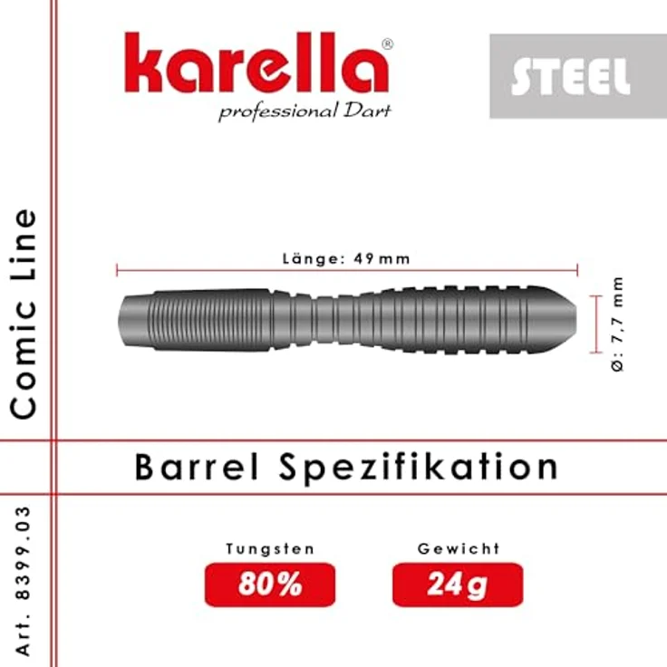 Karella Darts Comic-Line CL-3, Profi Steeldarts 80% Tungsten, 24 gr., inkl. 3 Ersatzschäfte und PVC-Box, formstabile Polycarbon Schäfte, 100 Mic. Flights – Bild 4