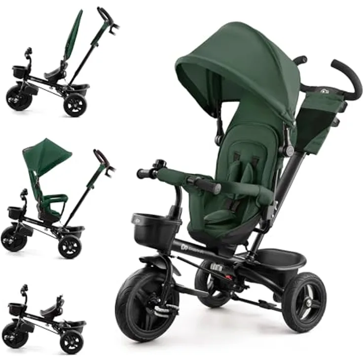kk Kinderkraft Kinderkraft AVEO Dreirad ab 9 Monate bis 25 kg, Grün - Dreirad mit schubstange, Kompakte zusammenklappen, drehbarer Sitz, ausklappbares Verdeck mit sonnenschutz, Getränkehalter korb im set