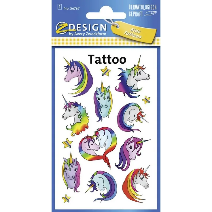 Avery Zweckform Kindertattoo Einhorn, temporäre Tattoo Aufkleber, kindersichere Motive, wasserfest, Made in Germany, dermatologisch geprüft