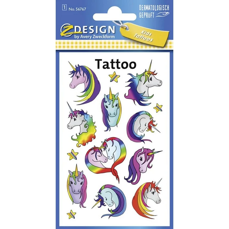 Avery Zweckform Kindertattoo Einhorn, temporäre Tattoo Aufkleber, kindersichere Motive, wasserfest, Made in Germany, dermatologisch geprüft