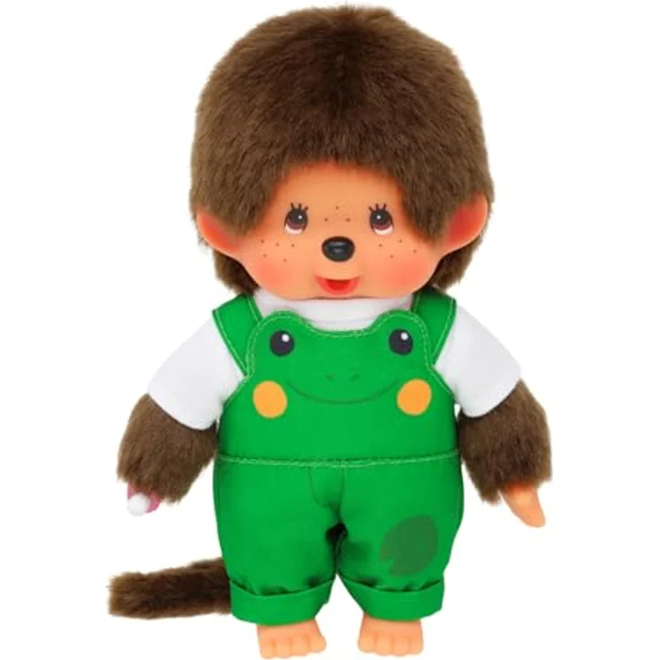 Monchhichi Junge mit Frosch Latzhose, 20 cm Plüschfigur in Braun mit Nuckel und T-Shirt – Bild 2