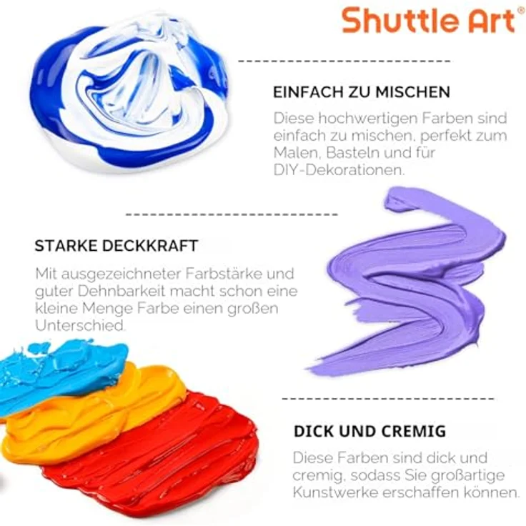 Shuttle Art Acrylfarben Set 36 Farben in 60ml Flaschen mit 12 Pinseln & 1 Palette, ungiftig, wasserfest, vielseitig für Leinwand, Holz, Stein – Bild 4
