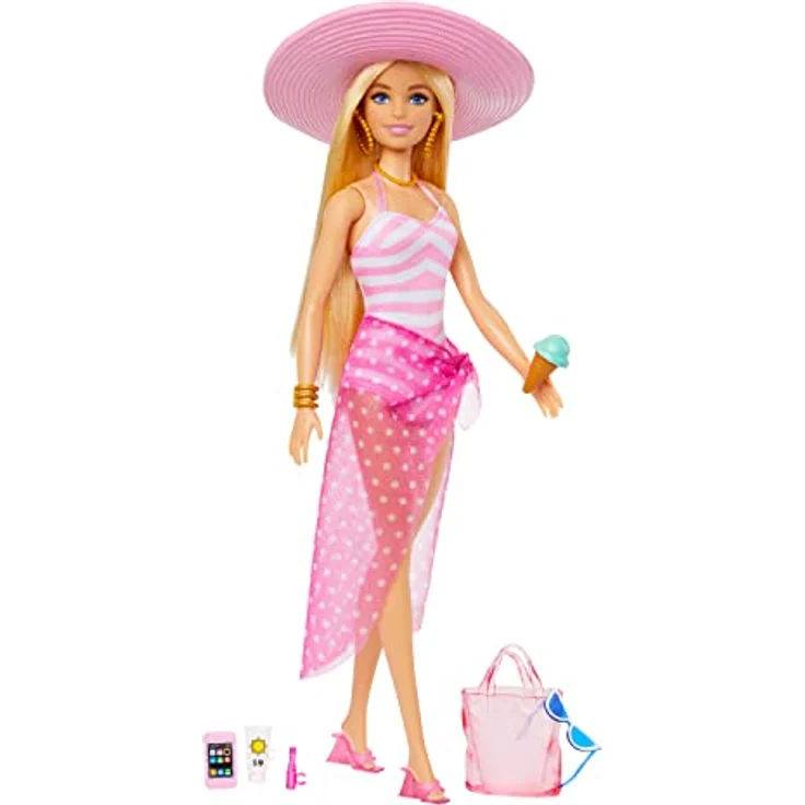 BARBIE - Blonde Puppe mit pink-weißem Badeanzug, Sonnenhut, Tragetasche und Strand-Accessoires, für Kinder ab 3 Jahren, HPL73 – Bild 1