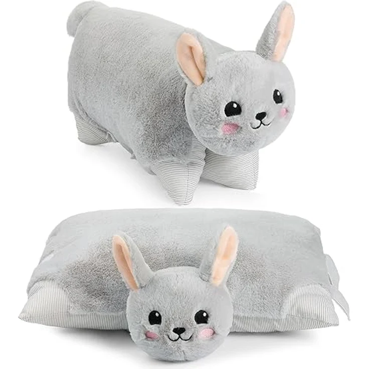 BRUBAKER Kuscheltier-Kissen Hase - 2 in 1 Plüschtier und Kuschelkissen - Grau, 40 x 30 cm - aufklappbares Kinder Plüschkissen mit Klettverschluss – Bild 1