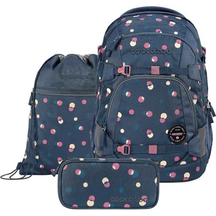 Coocazoo Schulrucksack-Set Mate „Bubble Dreams“, ergonomischer 30L Tornister, höhenverstellbar mit Hüftgurt, schwarz, inkl. Federmäppchen und Turnbeutel