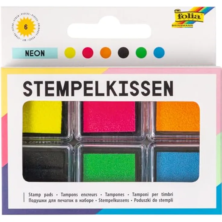 folia Stempelkissen Neonfarben, 6er Set in Gelb, Pink, Orange, Schwarz, Grün, Blau, 6x 2,4 x 2,4 cm