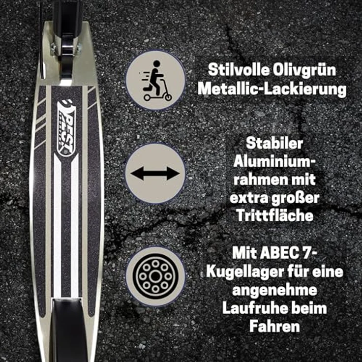 Best Sporting Scooter 205 mm Olivgrün Metallic, klappbarer Cityroller mit Vorderradfederung, Handbremse, Klingel und Tragegurt, höhenverstellbar für Kinder & Erwachsene bis 100 kg – Bild 7