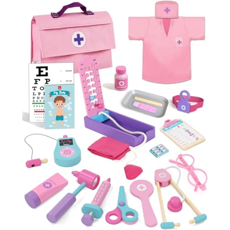 Lehoo Castle Arztkoffer Kinder, 23-teiliges Spielzeugset mit Arztkittel und Medizingeräten, rosa, für Mädchen ab 3 Jahren – Bild 1