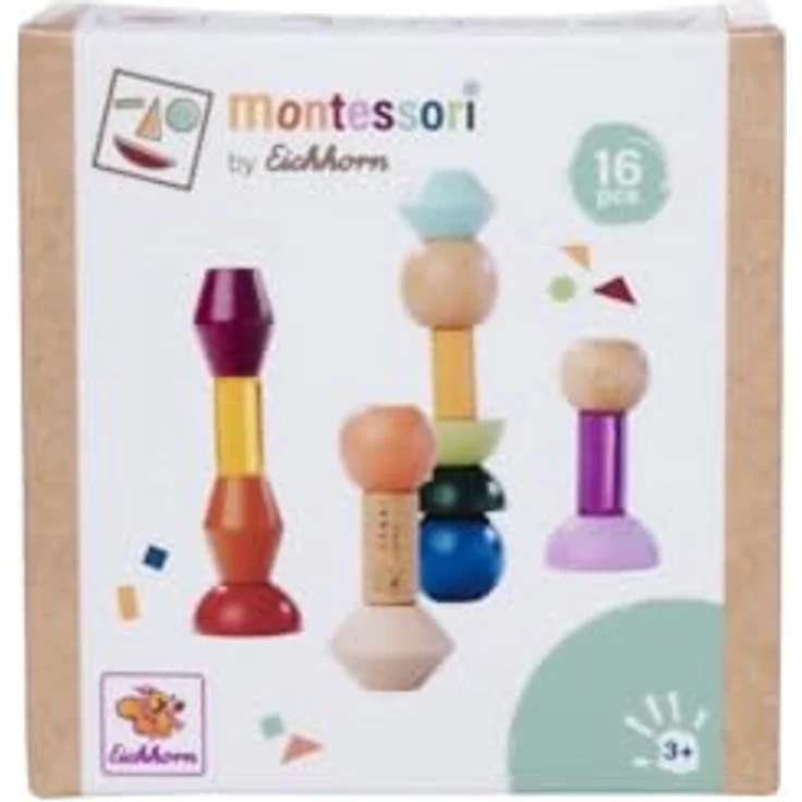 Eichhorn Montessori Stapelspielzeug Stapelperlen, 16 farbenfrohe geometrische Bausteine aus FSC® Buchenholz, fördert Kreativität und Feinmotorik – Bild 3