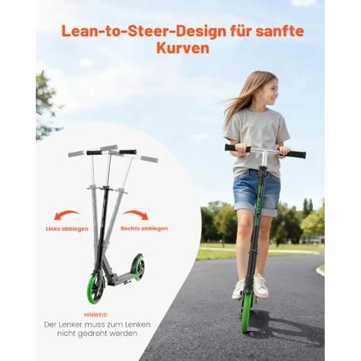 VEVOR Scooter, Cityroller für Kinder ab 8 Jahren, höhenverstellbarer Lenker, rutschfestes Deck, faltbar, Schwarz + Grün, bis 100 kg – Bild 4