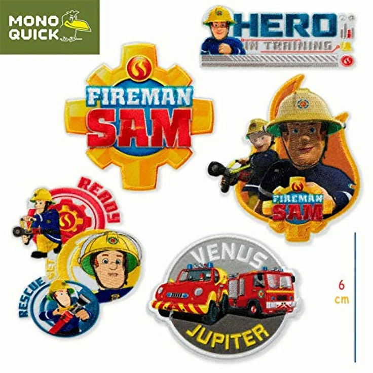 Mono-Quick 367 Fireman Sam Patches, 5-teiliges Set zum Aufbügeln und Aufkleben aus mehrfarbigem Polyester – Bild 1