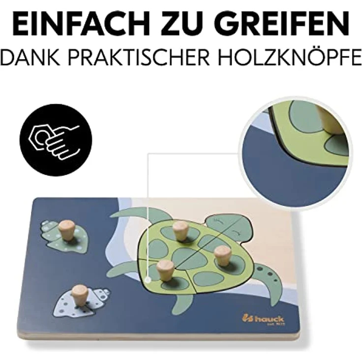 hauck 813076 Puzzle N Sort Tiere Steckpuzzle, Turtle - Holz Kinderpuzzle, FSC-zertifiziert, greifbare Holzknöpfe, Tierdesign – Bild 5