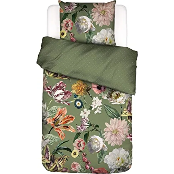 ESSENZA Bettwäsche Filou Forest Green Satin Blumen Blüten Dahlien Tulpen Floral Geblümt Sterne Waldgrün Grün, Größe:135 cm x 200 cm