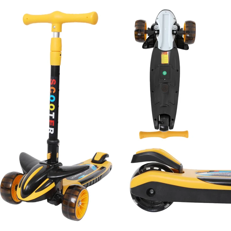 Europebazar Habib Plane Scooter Kinderroller, 3-Rad mit LED-Licht, höhenverstellbar und faltbar, Gelb