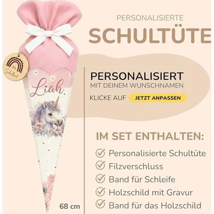Kidsmood personalisierte Schultüte Einhorn (Rosa), Zuckertüte mit Holzschild „Schulkind 2026“, inkl. Rohling und Filz-Stoff, ideales Einschulungsgeschenk für Mädchen und Jungen 2026 – Bild 4