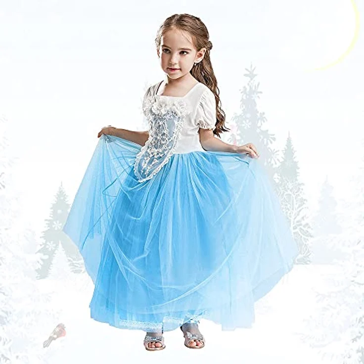 URAQT Mädchen Kostüm Kleid mit Umhang, Prinzessinnen Cosplay für Kinder, inkl. Krone und Zauberstab, 5 Größen für 2-8 Jahre, hochwertiger 100% Polyester, ideal für Feste und Feiertage – Bild 3