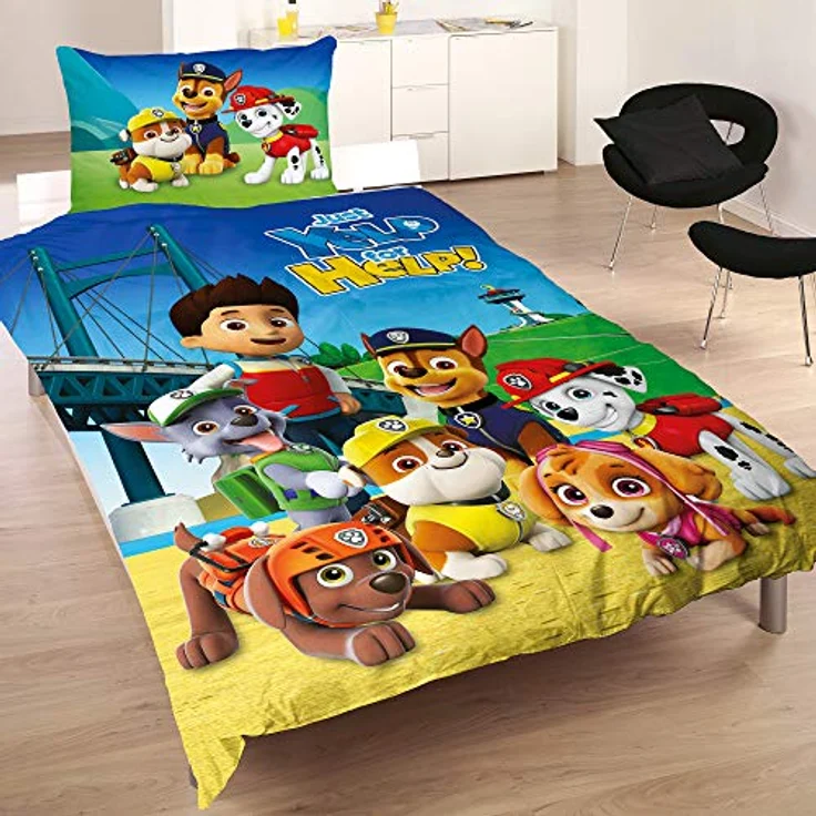 BERONAGE Paw Patrol Bettwäsche Team Blau 135 cm x 200 cm + 80 cm x 80 cm 100% Baumwolle Renforcé-Linon-Qualität Chase Marshall Rocky Zuma Rubble Skye Ryder Wende-Bettwäsche deutsche Größe Reißverschuss – Bild 3