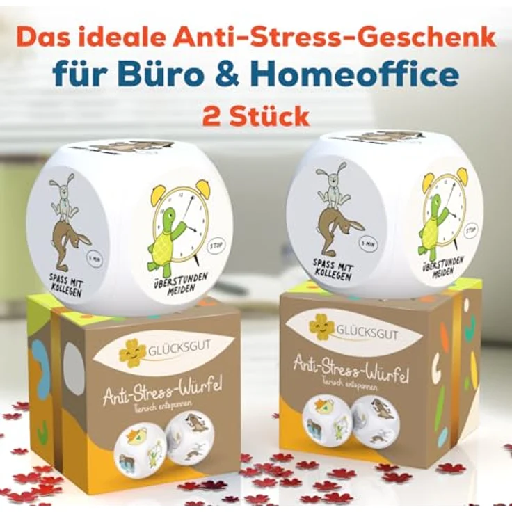 GLÜCKSGUT® Anti-Stress-Würfel, 2er Pack mit 6 lustigen Motiven, inklusive Geschenkbox und Anleitung für Stressabbau im Büro – Bild 2