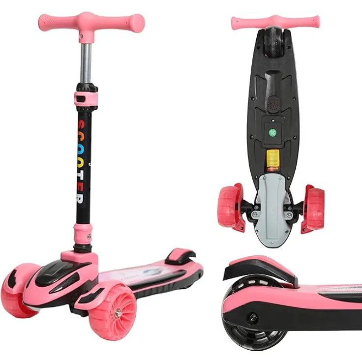 Europebazar Habib Train Scooter Kinderroller, 3-Rad mit LED-Lichtern, verstellbarem Lenker und faltbarem Design, Pink