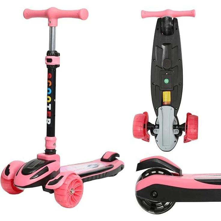 Europebazar Habib Train Scooter Kinderroller, 3-Rad mit LED-Lichtern, verstellbarem Lenker und faltbarem Design, Pink