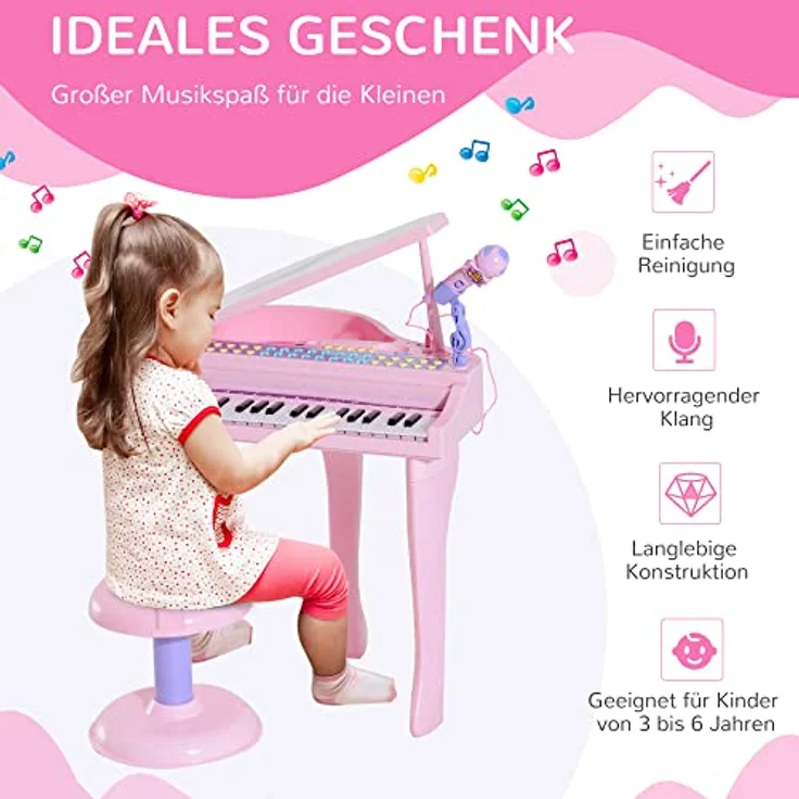 HOMCOM Kinder Klavier Mini-Klavier Piano Keyboard Musikinstrument MP3 USB inkl. Hocker 37 Tasten Rosa – Bild 4