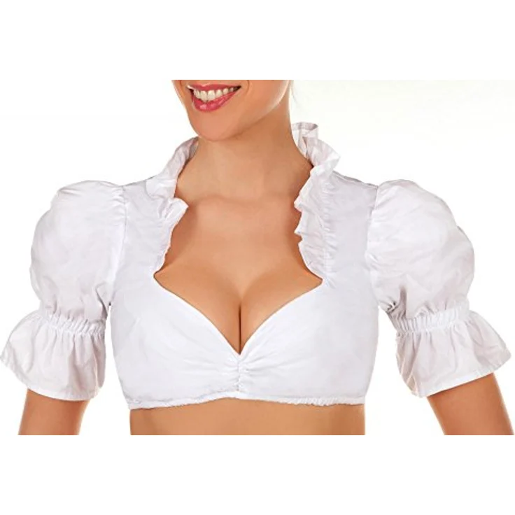 Edelnice Dirndlbluse mit Schnürung, Weiße Dirndlbluse mit Rüschen an Nacken und Dekolleté, Satinbänder für individuelle Einstellung – Bild 4