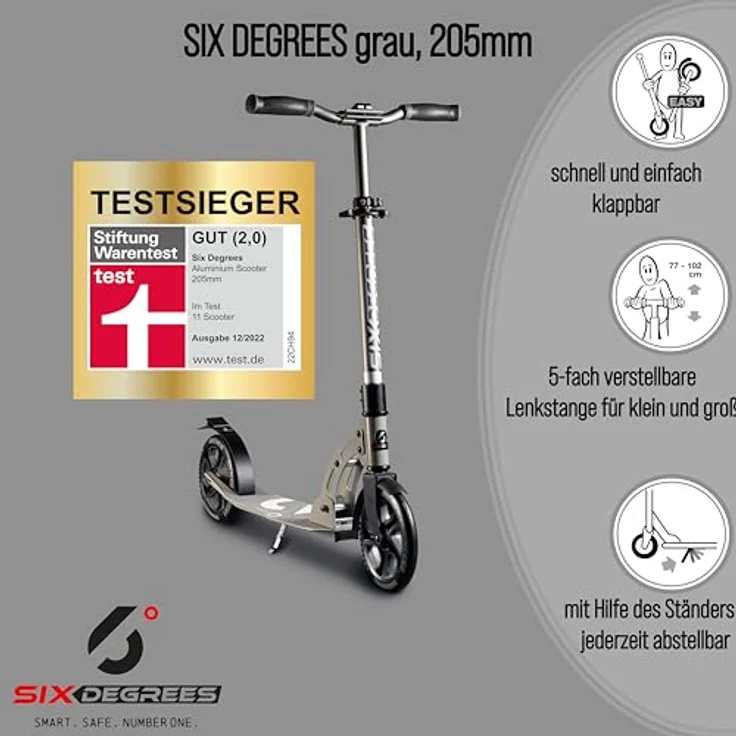 Authentic Sports Alu Scooter grau 205mm Six Degrees - Hochwertiger Aluminium Scooter mit 205 mm High Rebound-Rollen – Bild 2