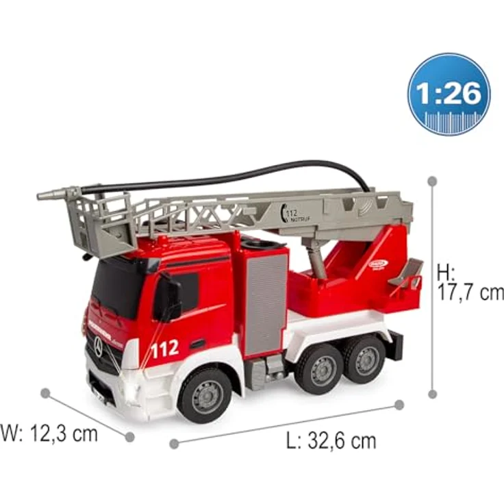 Jamara Feuerwehr Drehleiter Mercedes-Benz Antos 1:26, ferngesteuertes Modell mit 2,4GHz Funkfernsteuerung und Spritzfunktion für Kinder ab 6 Jahren – Bild 3