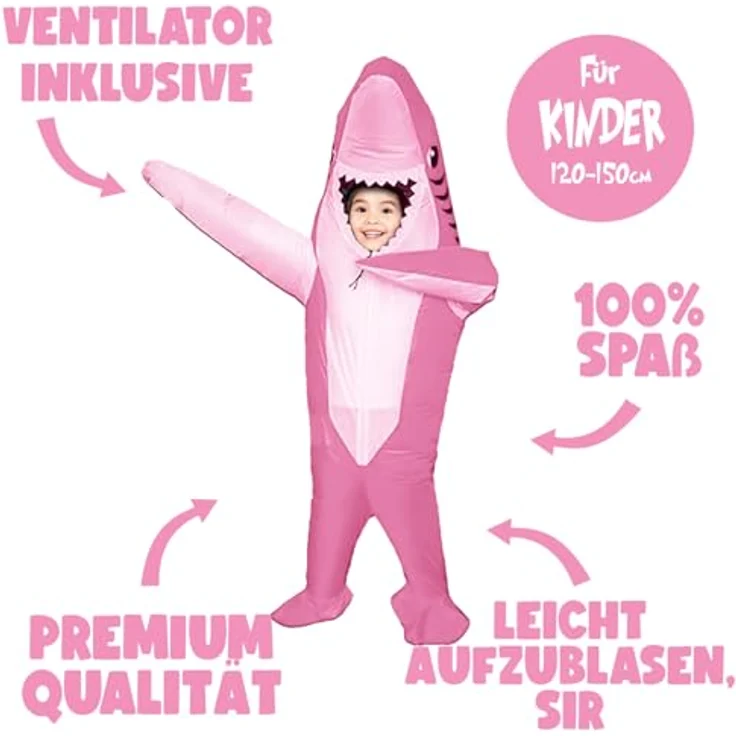 OriginalCup AirSuit® Aufblasbares Hai Kostüm Rosa für Kinder, Größe 120-150 cm, strapazierfähiges Polyester, inkl. Aufblassystem – Bild 2