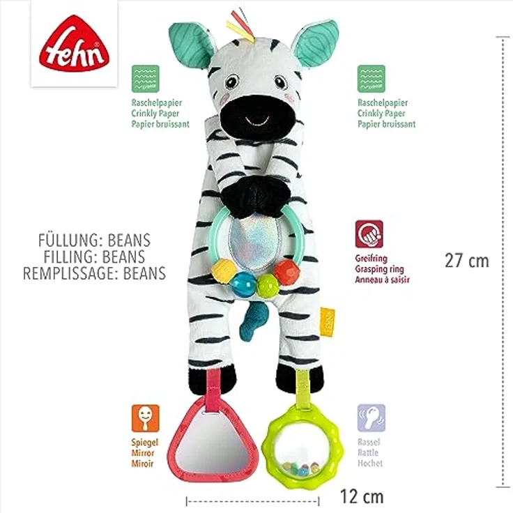 Fehn Greifspielzeug DoBabyDoo, Bean Bag Zebra, Motorikspielzeug mit Rassel, Quietsche und Spiegel für Babys ab 0 Monaten – Bild 5