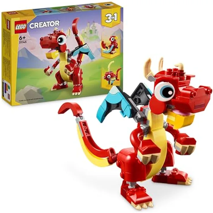 LEGO Creator 3in1 Roter Drache, Spielzeug mit 3 Tierfiguren inkl. Roter Drache, Fisch und Phönix, Geschenk für Kinder ab 6 Jahren 31145