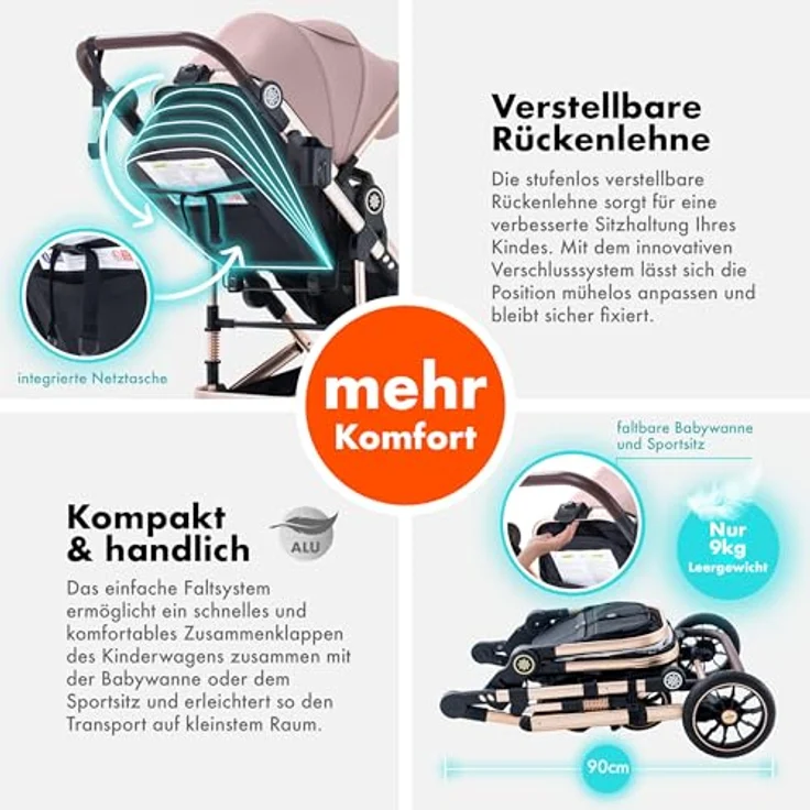 Daliya® NEOMOVE 2in1 Kombi-Kinderwagen, Buggy mit klappbarer Babywanne und Sportsitz, große pannensichere Räder, stufenlos verstellbare Rückenlehne, leichter Alu-Rahmen, großer Einkaufskorb, Gold-Rosa – Bild 4