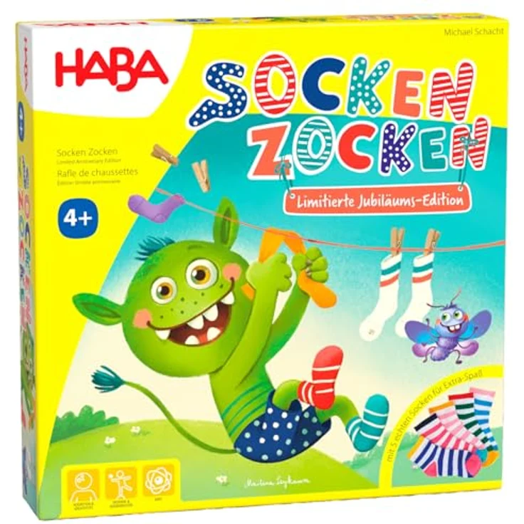 HABA Socken Zocken Jubiläums-Edition Familienspiel ab 4 Jahren Inkl. echter Socken & Holzfiguren 20 Jahre Sonderedition - 2011722001, Brettspiel mit echten Socken & Holzfiguren – Bild 1