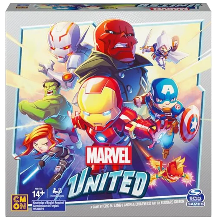 Spin Master Marvel United, Kooperatives Strategiespiel für 1-4 Spieler ab 8 Jahren, enthält 7 Helden- und 3 Bösewichtsstücke, 84 Karten und 156 Token