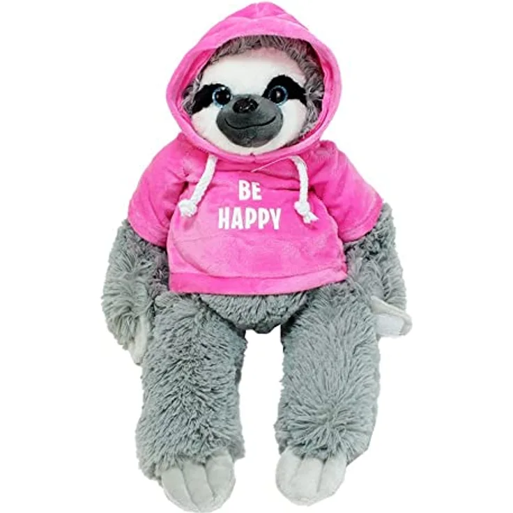 BEMIRO Faultier Kuscheltier rosa mit Pullover Be Happy - ca. 50 cm, Faultier Kuscheltier mit Pulli, Kletthände zum anhängen, Plüschtier Faultier mit Hoodie