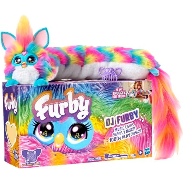 Hasbro Furby DJ Furby, interaktives elektronisches Plüschtier in Regenbogenfarben mit Musik, Lichtern, Bewegungen, Spielen und Sprachfunktionen in Französisch – Bild 1