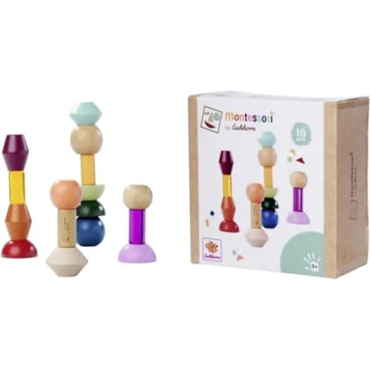 Eichhorn Montessori Stapelspielzeug Stapelperlen, 16 farbenfrohe geometrische Bausteine aus FSC® Buchenholz, fördert Kreativität und Feinmotorik – Bild 1