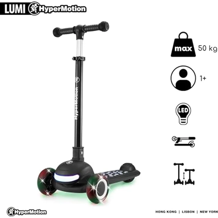 HyperMotion LUMI 3in1 Kinderroller mit LED-Beleuchtung, Sitz höhenverstellbar, klappbar, PolyurethanRäder, T-Bar Lenker, bis 50 kg, blau – Bild 6