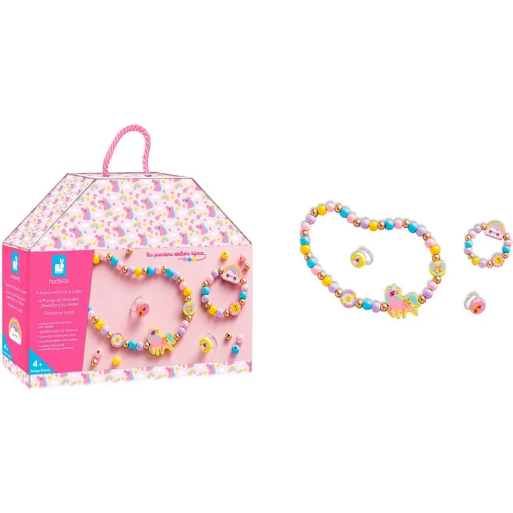 Janod Kreativset Holzschmuckstücke, Bastelset für 1 Kette, 1 Armband und 2 Ringe, inkl. bunte Holzperlen und Strasssteinen, ab 4 Jahren