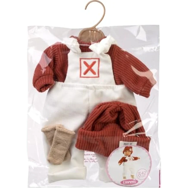 Llorens Puppenkleidung Latzhose-Kleiderset, weiße Cord-Latzhose mit rotem Strickpullover und Mütze, für Puppen 40-42 cm – Bild 2