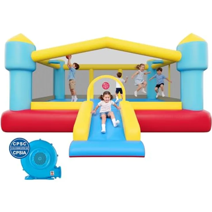 VEVOR Aufblasbare Hüpfburg, 448 x 420 x 207 cm mit Rutsche, Basketballkorb & Zielspiel, Platz für 3-4 Kinder (3-8 Jahre), farbenfrohes Design für Outdoor & Indoor Party