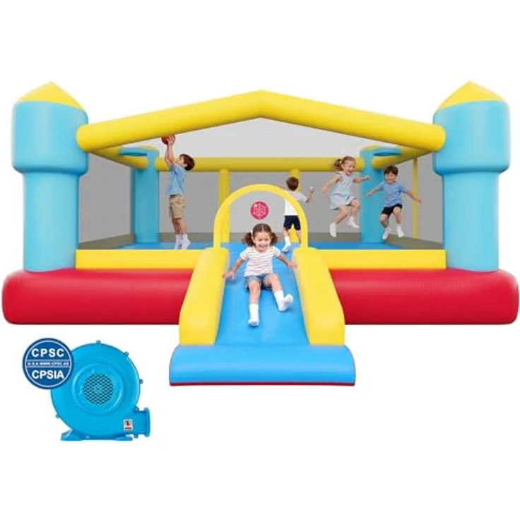 VEVOR Aufblasbare Hüpfburg, 448 x 420 x 207 cm mit Rutsche, Basketballkorb & Zielspiel, Platz für 3-4 Kinder (3-8 Jahre), farbenfrohes Design für Outdoor & Indoor Party – Bild 1