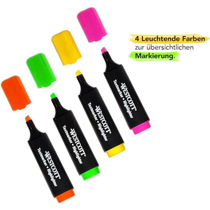 Westcott Textmarker 4 Stück in Grün, Gelb, Orange, Pink | 4er Pack Highlighter Marker in leuchtenden Farben | 2-5 mm Strichstärke | Premium Tinte aus Deutschland | E-744249 00 – Bild 3