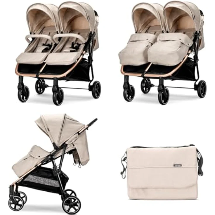 Lorelli Zwillingskinderwagen Duo, leichter Doppel-Kinderwagen mit verstellbarem Verdeck, grau – Bild 3