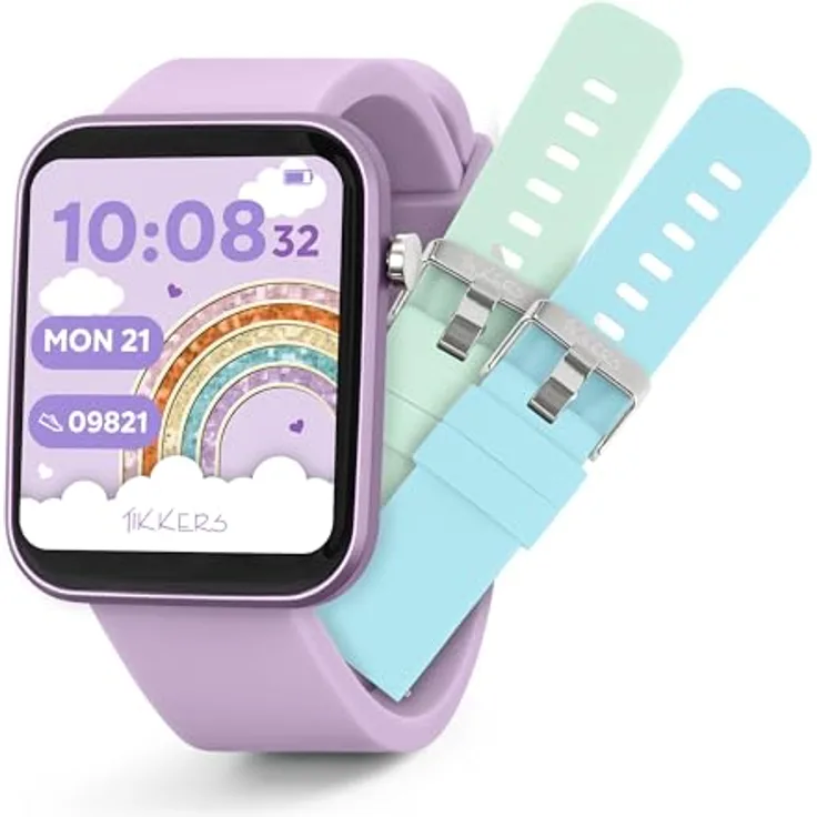 Tikkers Smart Series 13, Kinder-Smartwatch mit lila Silikonarmband, IP68 wasserdicht, Sport-Tracking, GPS und personalisierbaren Zifferblättern