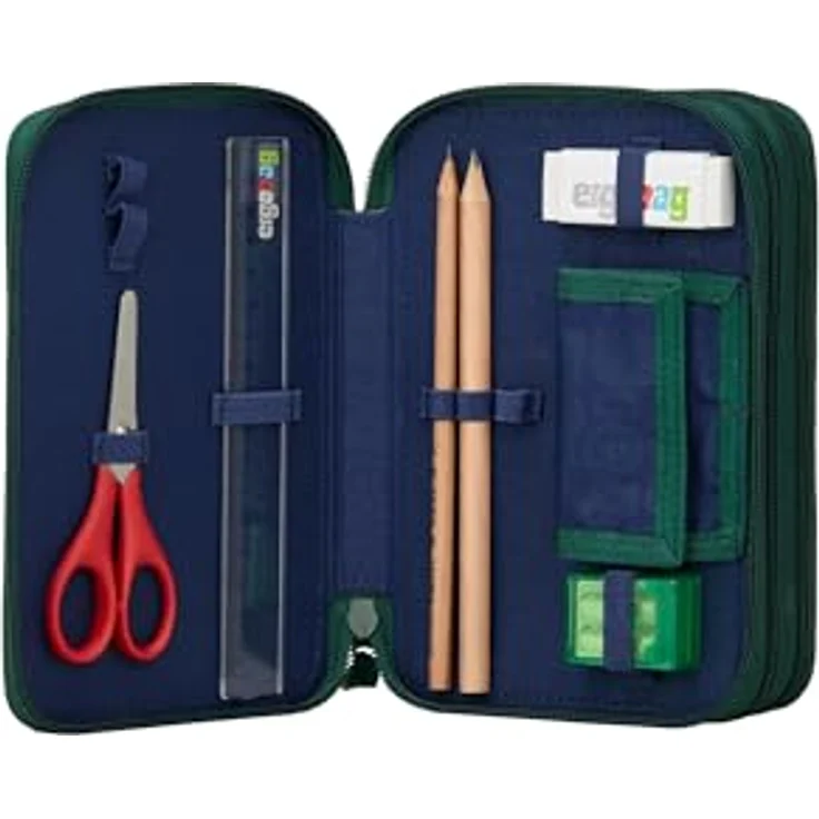 ergobag Maxi Mäppchen Set 40-Teilig, Lyra Bunt- und Filzstifte, Kleingeld Fach, Lineal, Schere BärRex - Grün – Bild 3